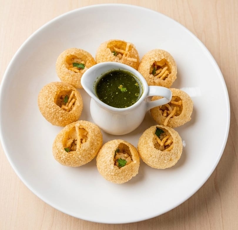 A white plate holds eight pani puri shells filled with potatoes and chickpeas, surrounding a pitcher of green pani.