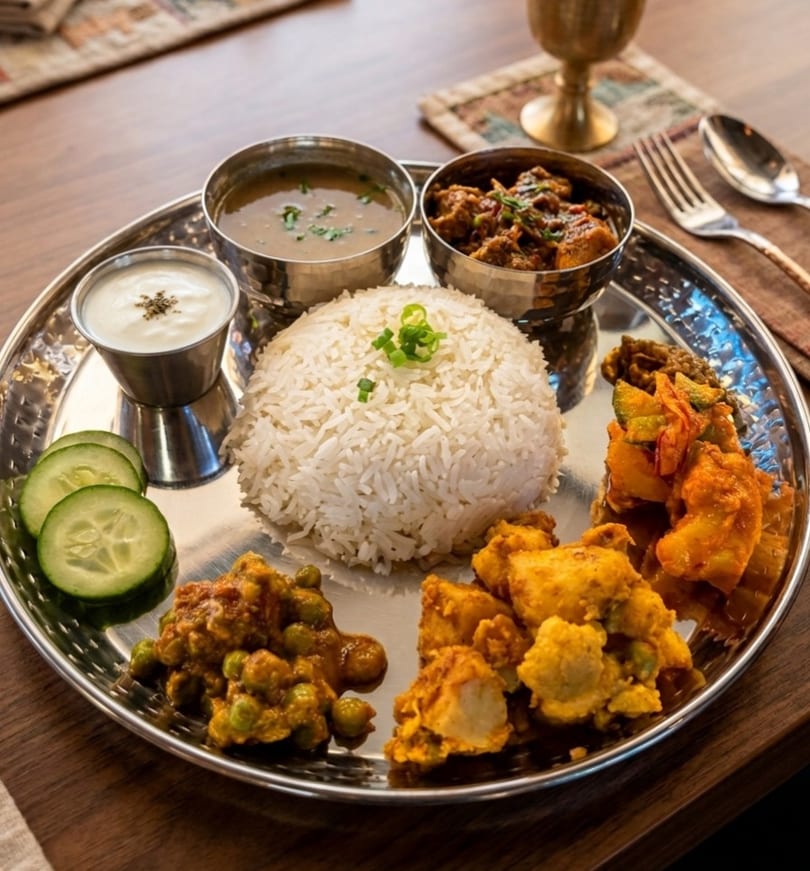 A traditional Indian thali with rice, curries, yogurt, and vegetables on a silver platter.